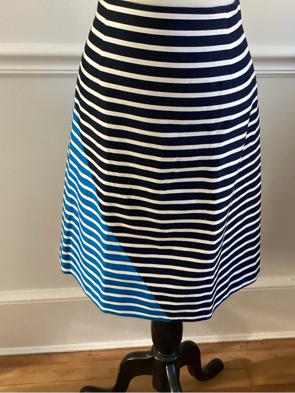 J. Crew Navy and White Striped A-Line Skirt with Teal Accent